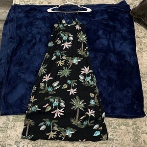 Old Navy Black Dress with Green and Pink Leaf Print